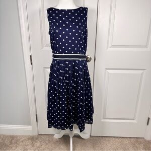 Talbots Navy White Polka Dot Fit Flare Work Dress Cotton Lined Size 14 Classic